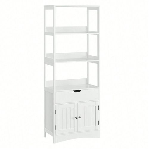 Meuble De Salle De Bain Avec 3 Compartiments Ouverts, 1 Tiroir, 1 Placard, 60 X 32,5 X 154 Cm