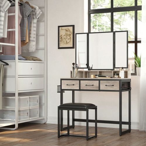 Coiffeuse Avec Tabouret, 3 Miroirs, 3 Tiroirs, Porte-Sèche-Cheveux, Style Industriel, 90 X 40 X 141 Cm, Grège, Noir