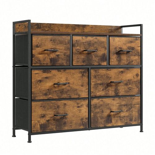 Commode 7 Tiroirs En Tissu, Meuble De Rangement, Style Industriel, Marron Rustique, Noir