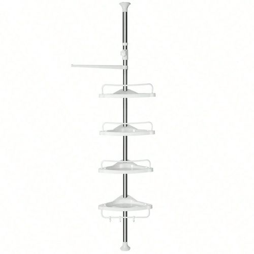 Étagère de douche Télescopique, Hauteur 95-300 cm, 4 Plateaux, 3 Crochets, Étagère d'angle de salle de bain, 1 Porte-Serviettes, Blanc et Argent