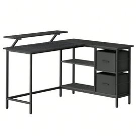 Bureau En Forme De L Avec 2 Tiroirs Spacieux, Bureau Gaming Avec Support Pour Écran, Bureau D'angle, Étagère Réglable, Pour Bureau, Noir Boisé