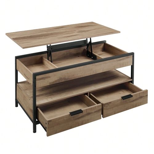 Table Basse, Table De Salon Avec Plateau Relevable, Tiroirs De Rangement, Avec Rangement Ouvert Et Compartiment Caché, Marron Camel Et Noir D'encre