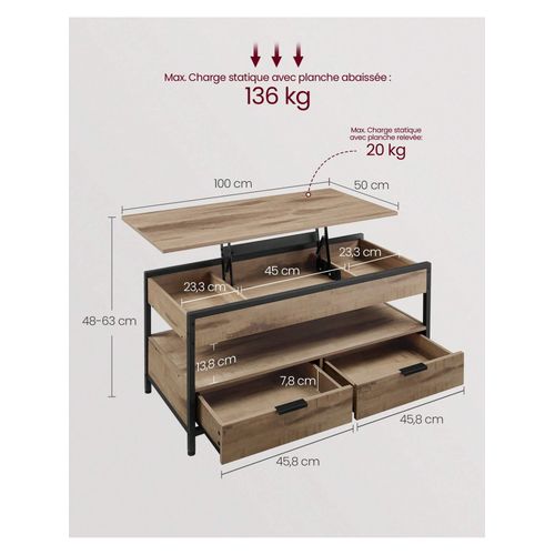 Table Basse, Table De Salon Avec Plateau Relevable, Tiroirs De Rangement, Avec Rangement Ouvert Et Compartiment Caché, Marron Camel Et Noir D'encre