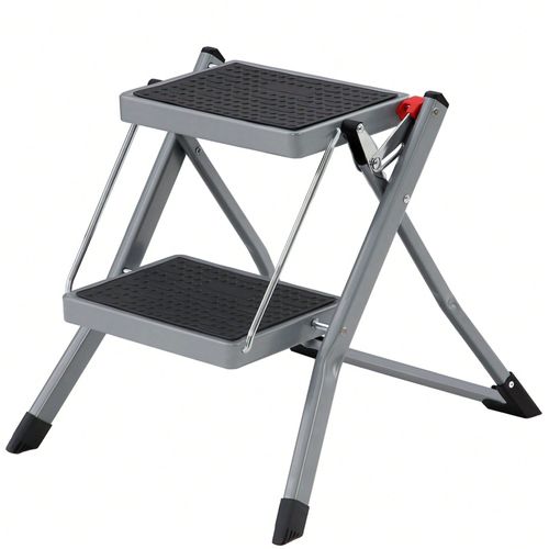 Escabeau à 2 marches, Marche-pieds pliable, largeur de marche 20 cm, caoutchouc antidérapant, charge 150 Kg, Gris et Noir