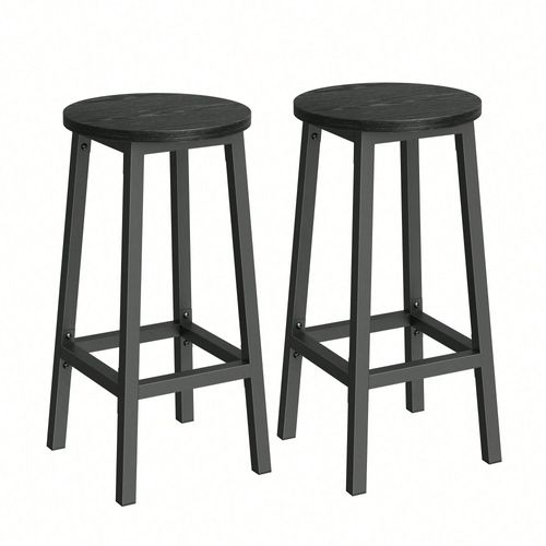 Tabouret De Bar, Lot De 2, Chaise De Cuisine, Siège Haut, Cadre En Métal, Avec Repose-Pieds, Noir Bois Et Noir Classique