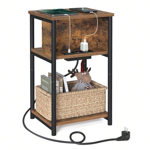 Table D'appoint, Petite Table De Chevet Avec Multiprise, 2 Prises Ca, 2 Ports Usb, 30 X 34 X 58 Cm, Pour Salon, Marron Rustique Et Noir