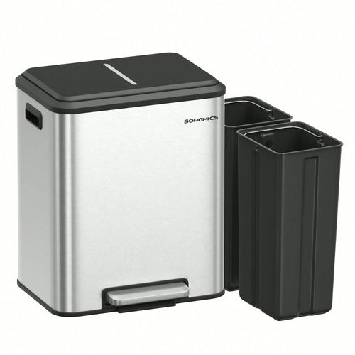 Poubelle de cuisine, 2 x 15 L Poubelle Double pour le Recyclage et les Déchets Ménagers, Acier, Fermeture Douce, Pédale, Argent Métallique