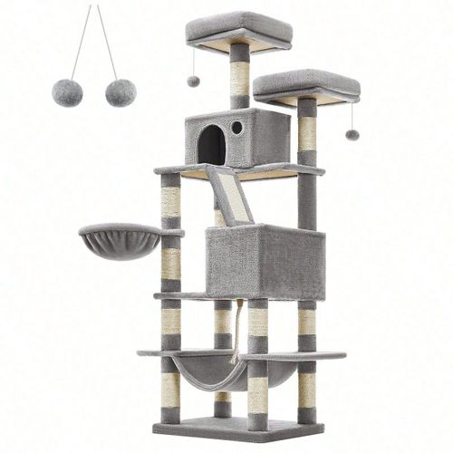 Arbre À Chat, Grande Tour De Jeux, Hauteur 168 Cm, Avec 13 Griffoirs, 1 Planche À Griffer, 2 Plate-Forme, 2 Niches, Gris Clair