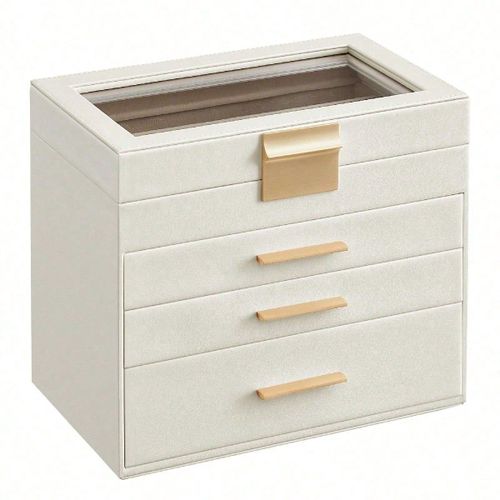 Boîte à bijoux, Écrin à accessoires 4 Niveaux, Couvercle en verre, 3 Tiroirs, Moderne, Blanc Nuage et Doré