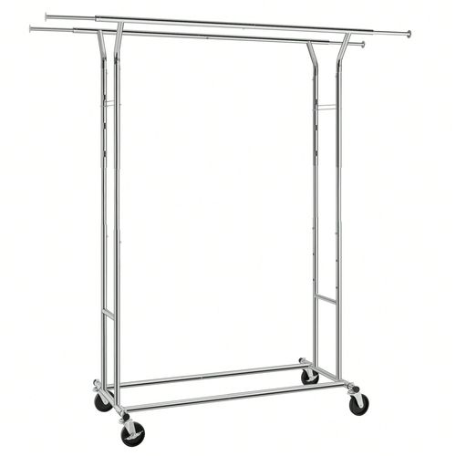 Portant À Vêtements, Penderie Métallique, Charge Max,110 Kg, Double Barres Extensibles, Hauteur Réglable, Mobile, Avec Roulettes, Mètal Chromé