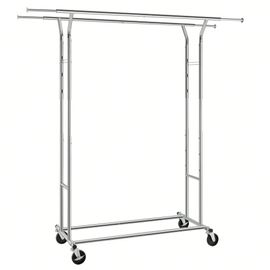 Portant À Vêtements, Penderie Métallique, Charge Max,110 Kg, Double Barres Extensibles, Hauteur Réglable, Mobile, Avec Roulettes, Mètal Chromé