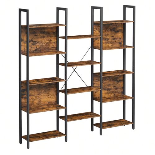 Bibliothèque, Étagère De Rangement, Avec 14 Compartiments, Cadre En Métal, 158 X 24 X 166 Cm, Marron Rustique Et Noir