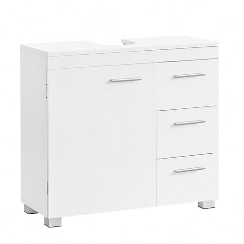 Meuble Sous Lavabo, 3 Grands Tiroirs, 2 Compartiments Derrière Porte, 70 X 30 X 64 Cm, Blanc