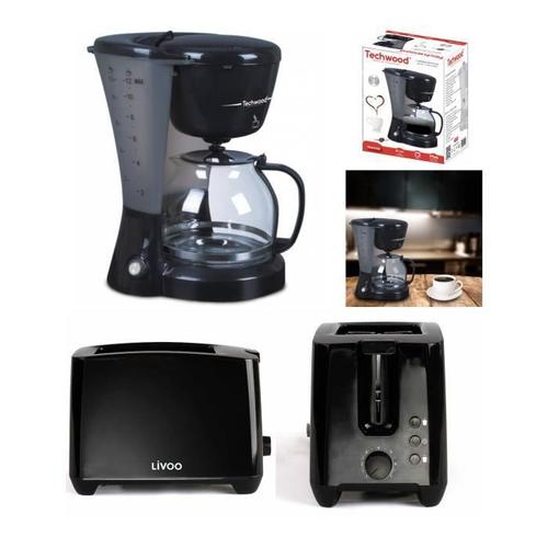 Cafetière Électrique 800w Noire Ecran Lcd 1.2l 12 Tasses Maintien Au Chaud + Grille-Pain Longue Fente 750w