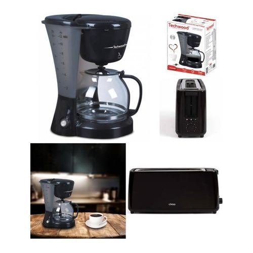 Cafetière Électrique 800w Noire Ecran Lcd 1.2l 12 Tasses Maintien Au Chaud + Grille-Pain Longue Fente 900w