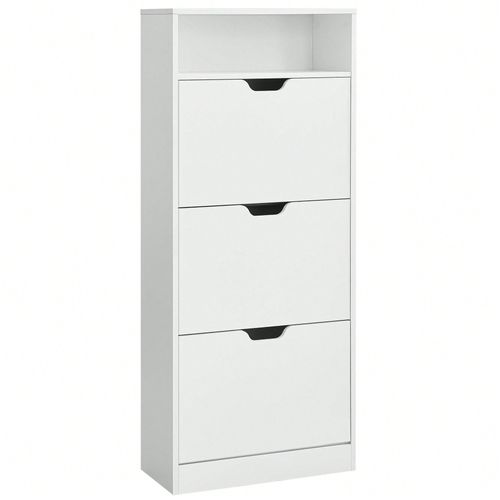Meuble À Chaussures 3 Portes Battantes, Compartiment Ouvert, Séparateur Réglable, 24 X 60 X 130 Cm, Blanc Nuage