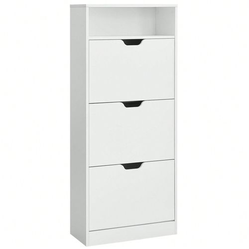 Meuble À Chaussures 3 Portes Battantes, Compartiment Ouvert, Séparateur Réglable, 24 X 60 X 130 Cm, Blanc Nuage