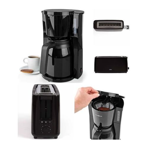 Cafetière Machine À Café Electrique Isotherme Noire 1.5l 900w + Grille-Pain Noir Longue Et Large Fente 900w Pas Cher