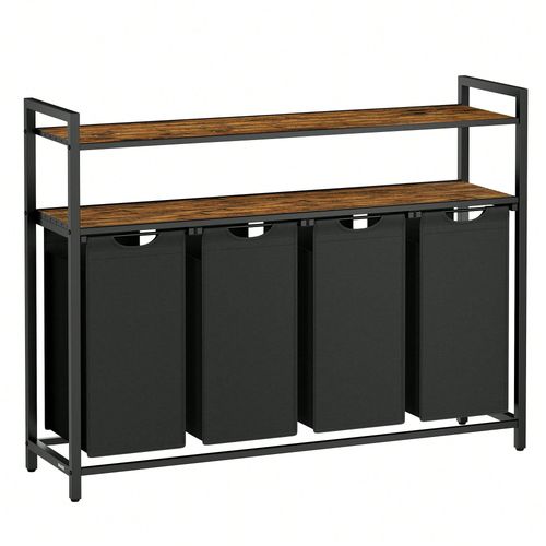 Panier à linge, Rangement 4 compartiments, 4 Sacs Amovibles en tissu Oxford, 2 Étagères, Cadre en métal, 40L pour chaque Sac, Marron Rustique et Noir