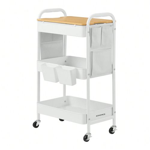 Chariot de rangement à 3 Niveaux, Chariot Roulant avec table Supérieure, 2 Pots Amovibles, 6 Poches Latérales, Blanc Nuage