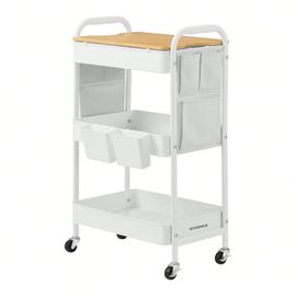 Chariot de rangement à 3 Niveaux, Chariot Roulant avec table Supérieure, 2 Pots Amovibles, 6 Poches Latérales, Blanc Nuage