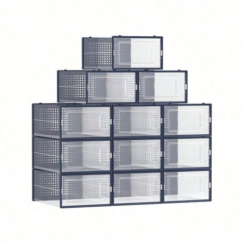 Boîtes à chaussures, Lot de 12, Rangement Chaussures, Pliable, pour pointure jusqu'à 44, Transparent et Bleu Carbone