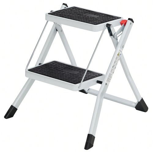 Escabeau à 2 Marches, Marche-Pieds Pliable, Largeur de marche 20 cm, Caoutchouc Antidérapant, Charge 150 Kg, en acier, Blanc et Noir