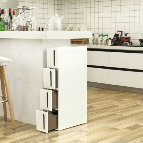 Tour De Rangement Sur Roulettes, Colonne De Cuisine Étroite, Étagère Plastique À 4 Niveaux, 45 X 17 X 84 Cm, Blanc Et Marron