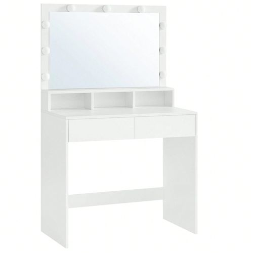 Coiffeuse Avec 2 Tiroirs, 3 Compartiments, Miroir Avec 9 Led, 80 X 40 X 140 Cm, Sans Tabouret, Blanc