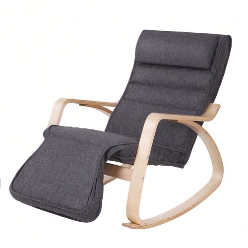 Fauteuil Berçant En Bois, Avec Repose-Pied Réglable 5 Niveaux, Charge Max 150 Kg, Gris Foncé