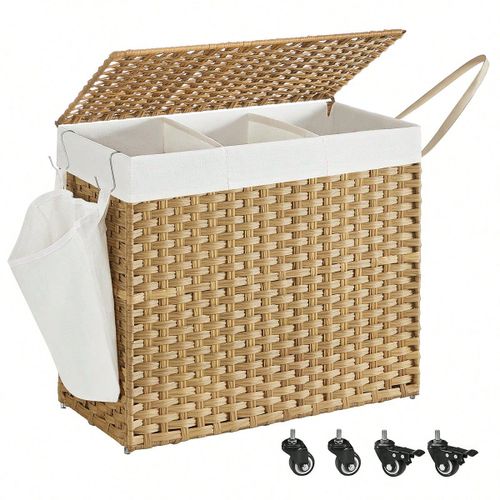 Panier à linge avec couvercle, 160L, Corbeille Linge Sale Tressé, avec roulettes, 70 x 36 x 66 cm, Couleur Boisée