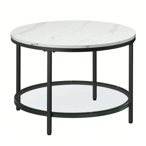 Table Basse, Façon Marbre, Support En Verre Trempé, Facile À Assembler, Style Moderne, Blanc Marbré Et Noir D'encre