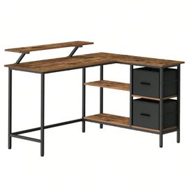 Bureau En Forme De L Avec 2 Tiroirs Spacieux, Bureau Gaming Avec Support Pour Écran, Bureau D'angle, Étagère Réglable, Pour Bureau, Marron Rustique