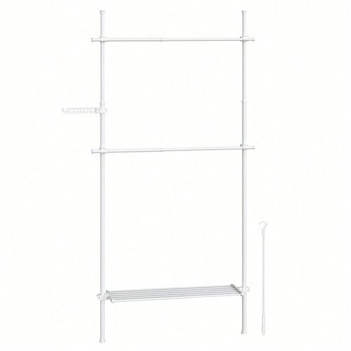 Portant À Vêtement Du Sol Au Plafond, Rangement 3 Niveaux, Étagère Extensible, Bras De Support Pliable, Barres Télescopiques, Blanc Mat