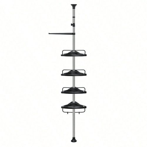 Étagère de douche Réglable en hauteur, Hauteur Totale 95-300 cm, en inox, 4 Niveaux, 3 Crochets, Argent et Noir
