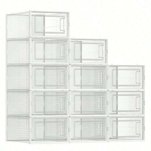 Boîtes à chaussures, Lot de 12, Rangement Chaussures, Pliable, pour pointure jusqu'à 44, Transparent et Blanc