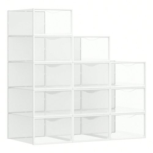 Boîtes à chaussures, avec porte, Lot de 12, Empilables, Montage Facile, 33,2 x 23 x 14,5 cm, pour pointure jusqu'à 43, Transparentes et Blanc Nuage