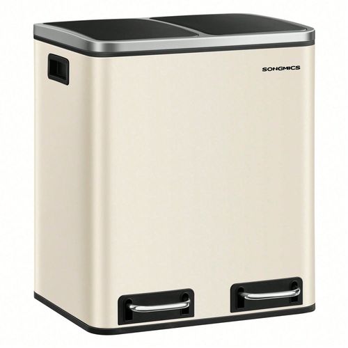 Poubelle Cuisine, 2 x 15L, Poubelle Tri, avec pédale, 2 compartiments, Couvercles en douceur, Beige Sable et Noir d'encre