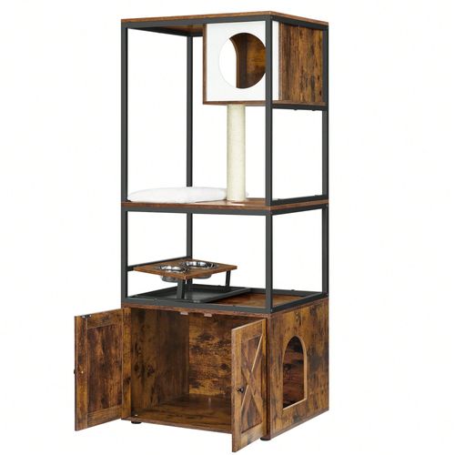 Arbre À Chat, Maison Pour Chat Avec Cache-Litière, Poteau À Griffer En Sisal, Tapis Lavables, Marron Rustique