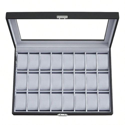Boîte à montres, Verrouillable, Écrin, Organisateur, avec 16 compartiments, Couvercle en verre, PU, Doublure en gris et Surface en noir d'encre