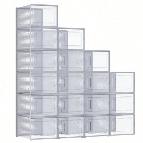 Boîtes à chaussures, Lot de 18, Rangement Chaussures, Pliable, pour pointure Jusqu'à 46, Transparent et Gris