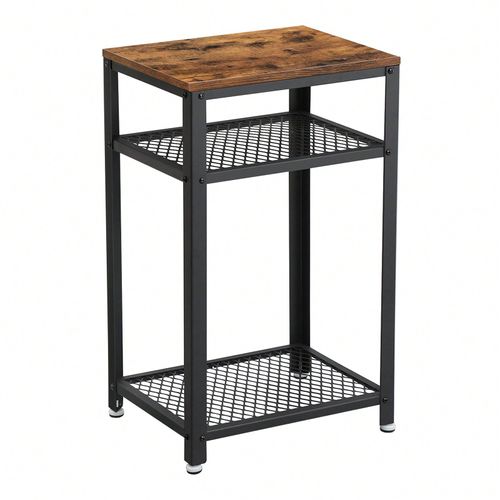 Table D'appoint, Table De Chevet, Bout De Canapé, Table Pour Téléphone, Avec 2 Étagères En Treillis, Cadre En Acier, Marron Rustique Et Noir