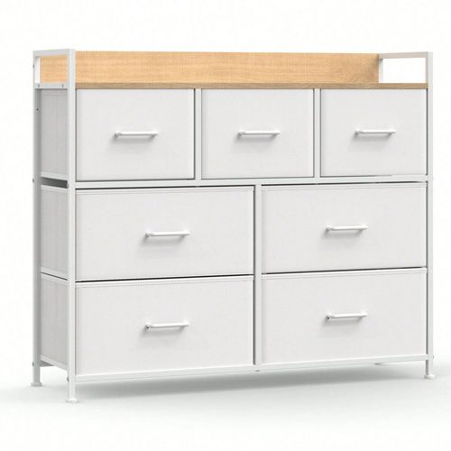 Commode, 7 Tiroirs En Tissu Avec Poignées, Cadre En Métal, 28,5 X 98 X 85 Cm (P X L X H), Style Moderne, Blanc Et Couleur Boisée