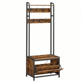 Meuble D'entrée Avec Banc, 7 Crochets Et Étagère, Porte-Manteaux, Vestiaire, Marron Rustique Et Noir