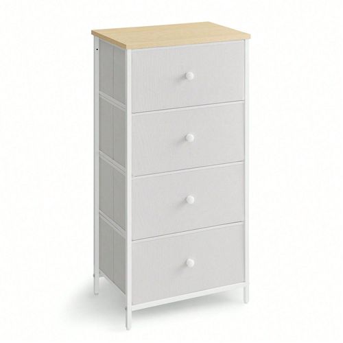 Commode, Meuble De Rangement Pour Chambre, Colonne De Rangement En Tissu Avec 4 Tiroirs, Cadre En Métal, Blanc Et Couleur Boisée