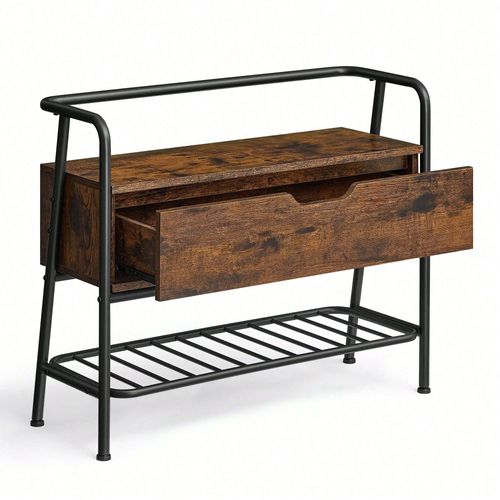 Banc À Chaussures, Étagère À Chaussures, Meuble D'entrée, Avec Tiroir De Rangement, Style Industriel, Cadre En Acier, Marron Rustique Et Noir D'encre