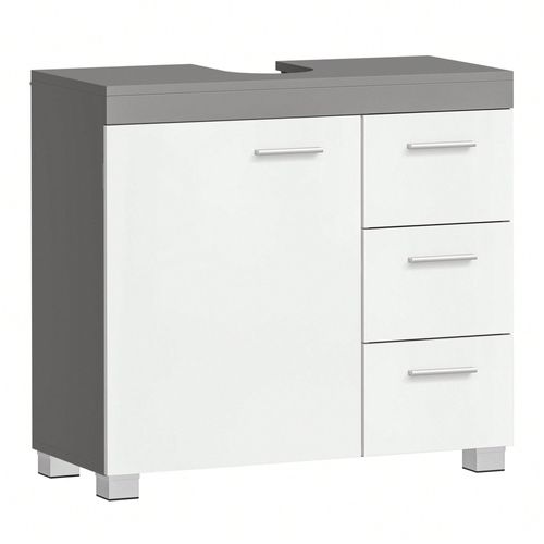Meuble Sous Lavabo, 3 Grands Tiroirs, Placard Sous Vasque, 30 X 70 X 64 Cm, Blanc Et Gris Ciment