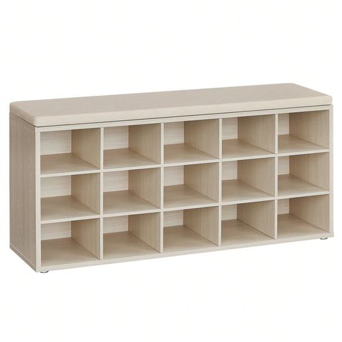 Banc À Chaussures, Assise Rembourrée 15 Compartiments, Étagère Porte-Chaussures, Capacité De Charge 200 Kg, Beige Naturel Et Beige Cappuccino