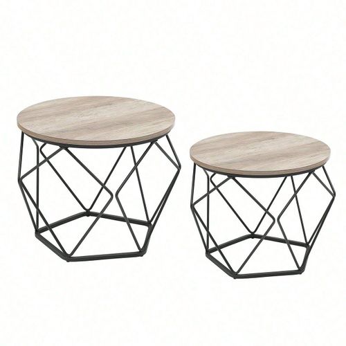 Table Basse Ronde, Lot De 2, Table D'appoint, Bout De Canapé, Style Industriel, Plateau Amovible, Cadre En Acier, Grège Et Noir