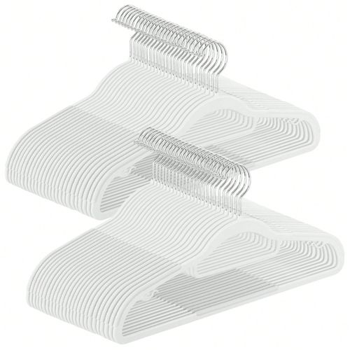 Cintres 50 pièces, cintres en plastique, antidérapant, Peu encombrant, épaisseur 0,5 cm, Largeur 42 cm, Crochet pivotant à 360° Argent, Blanc